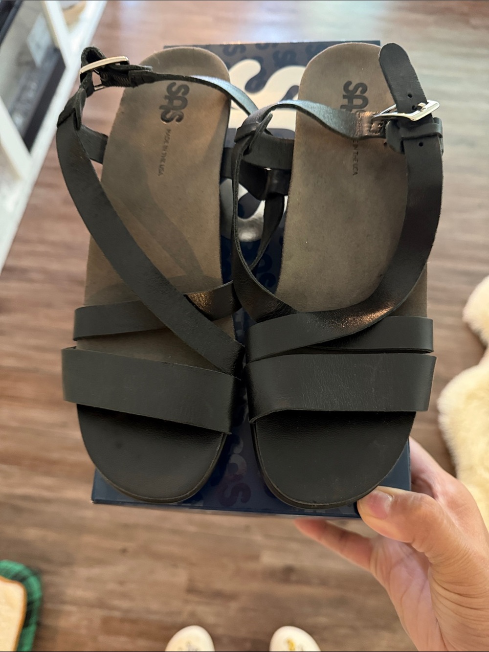 Vintage SAS Black Leather Low Heel Strappy Sandals